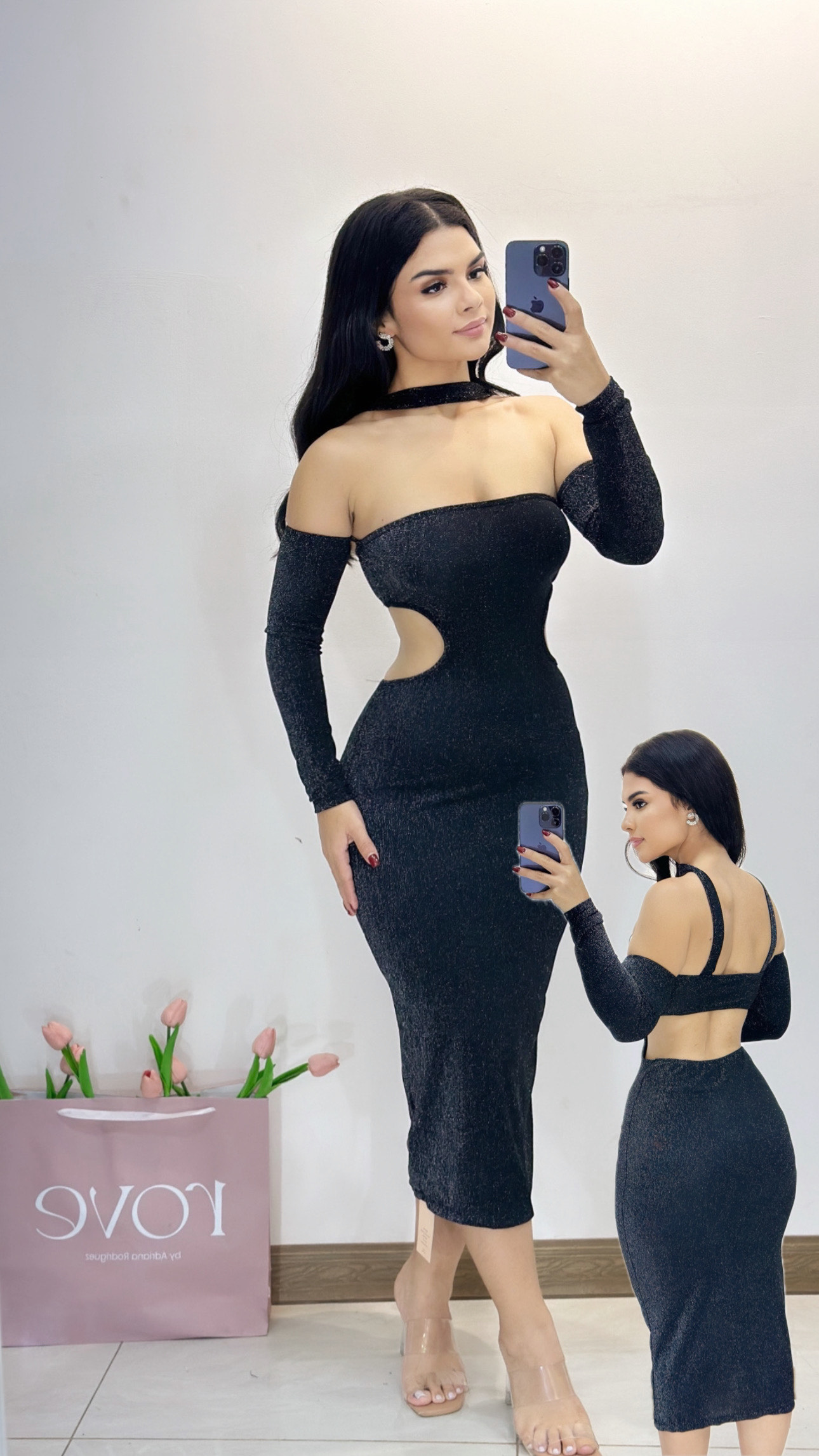 Vestido midi manga larga con shocker - Negro con brillos